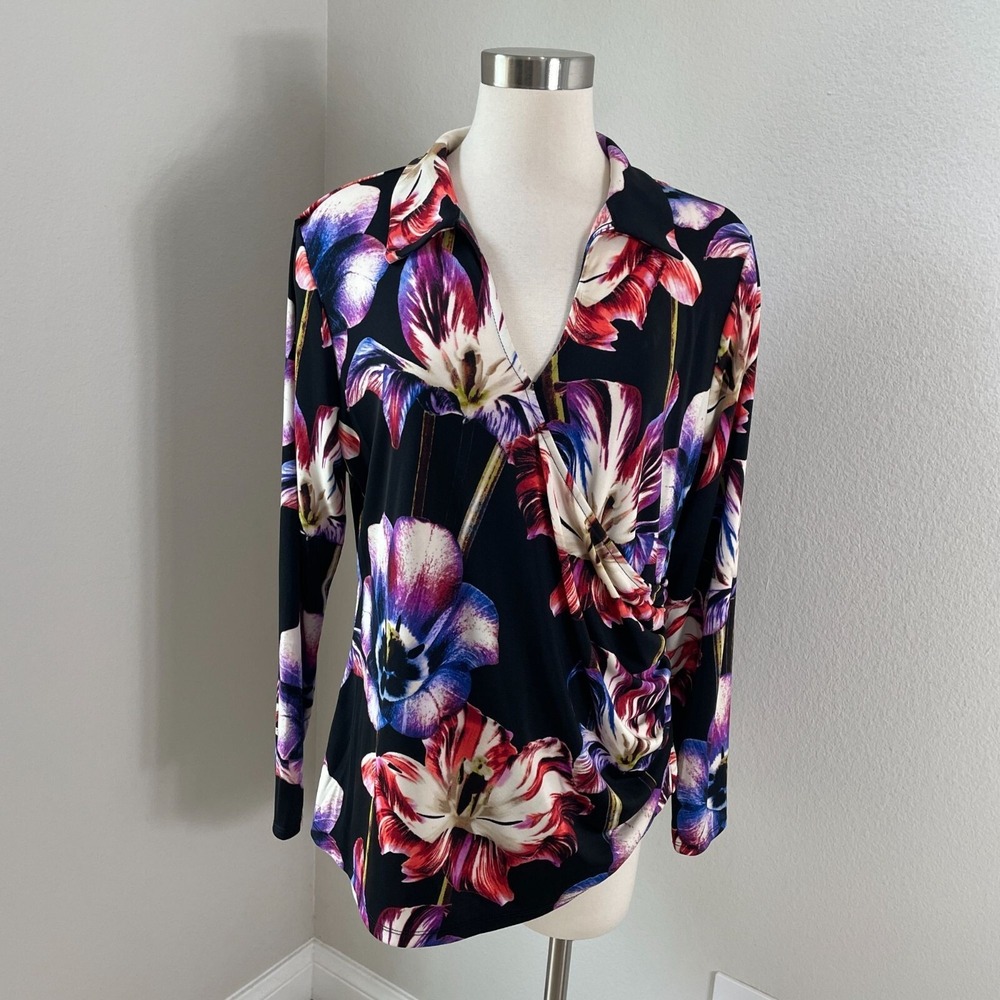 INC International Concepts Womens Plus 1X Floral Shirt Surplice Long Sleeve Top
